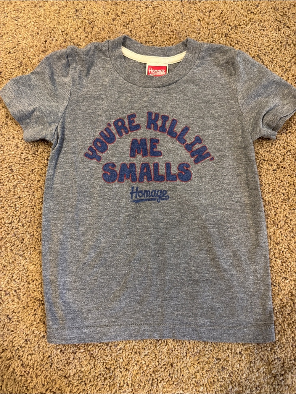 HOMAGE Heather Gray Tee with Blue and Red Retro Text, size 4